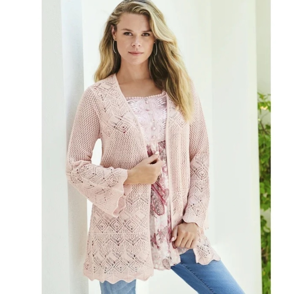 Roaman’s Plus Size Pink Crochet Wide Sleeve Eyelet Knit Cardigan 30/32